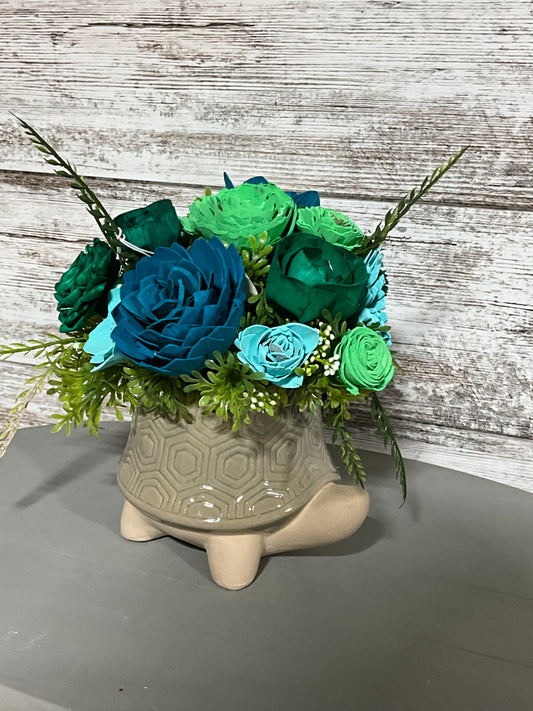 Ocean Blue Wooden Rose Arrangement | Geometric Ceramic Planter | Coastal Decor | Turtle Planter