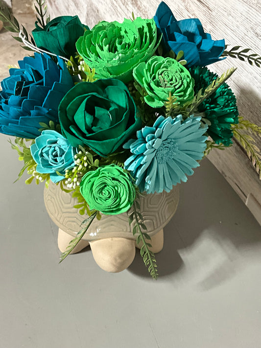 Ocean Blue Wooden Rose Arrangement | Geometric Ceramic Planter | Coastal Decor | Turtle Planter