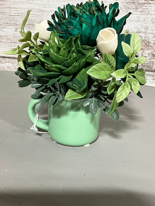 Spring Green Floral Arrangement in Vintage Mug | Farmhouse Centerpiece