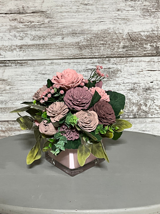 Mauve Dusty Rose Wooden Flower Arrangement Clear Vase | Romantic Decor
