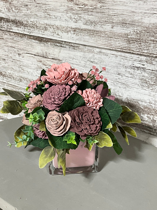 Mauve Dusty Rose Wooden Flower Arrangement Clear Vase | Romantic Decor