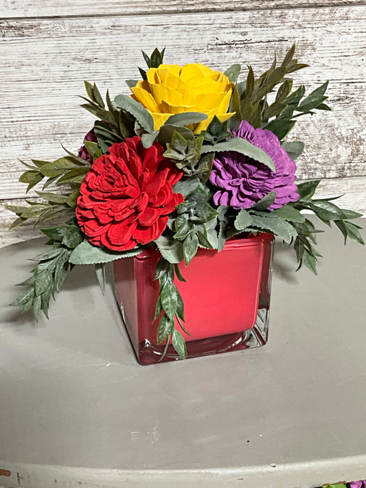 Colorful Wooden Flower Arrangement Red Glass Cube Vase | Modern Decor