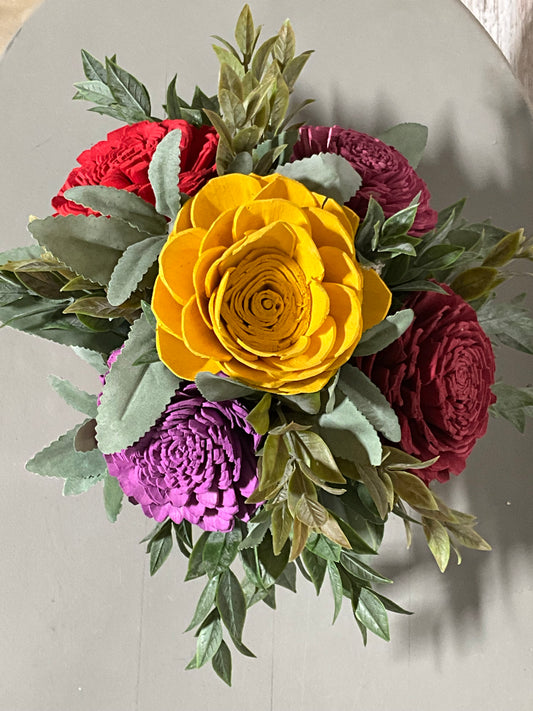 Colorful Wooden Flower Arrangement Red Glass Cube Vase | Modern Decor