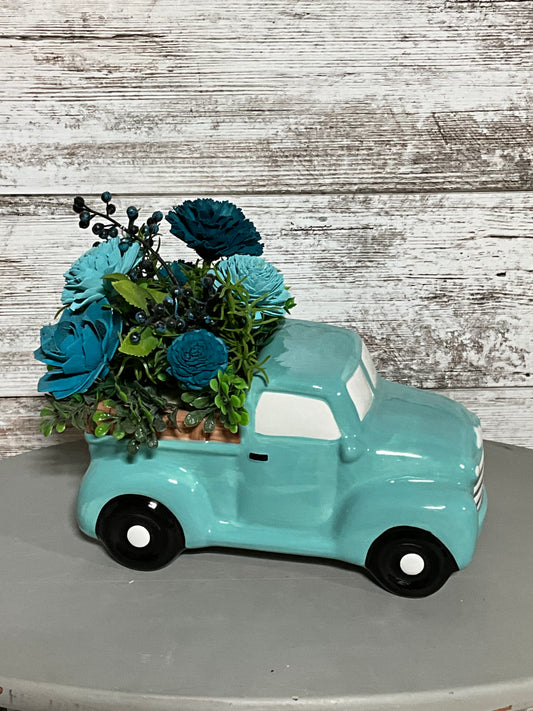 Turquoise Vintage Truck Wooden Flower Centerpiece | Farmhouse Decor