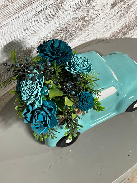 Turquoise Vintage Truck Wooden Flower Centerpiece | Farmhouse Decor