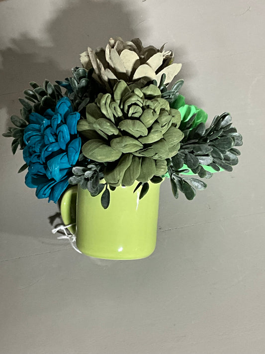 Spring Green Floral Arrangement in Vintage Mug | Farmhouse Centerpiece