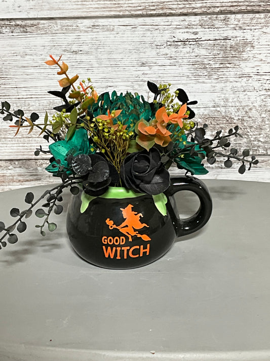 Good Witch Halloween Mug Floral Arrangement | Teal & Orange Blooms