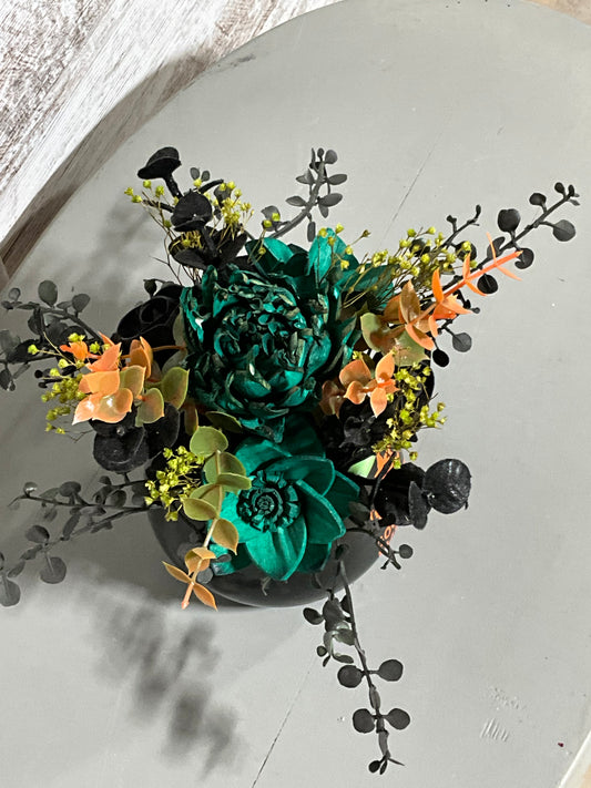 Good Witch Halloween Mug Floral Arrangement | Teal & Orange Blooms