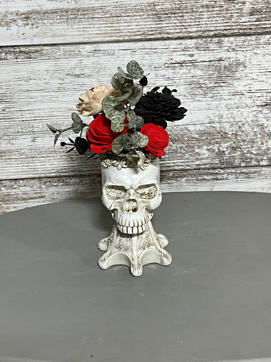 Victorian Gothic Skull Vase Halloween Decor | Ornate Floral Arrangement