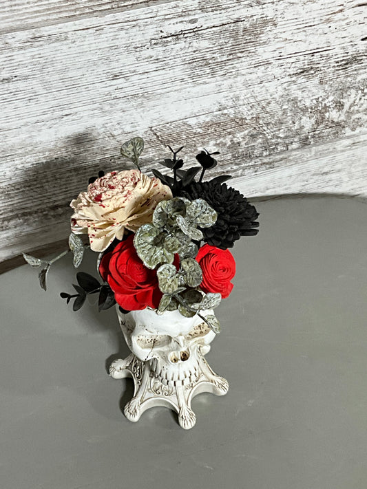Victorian Gothic Skull Vase Halloween Decor | Ornate Floral Arrangement