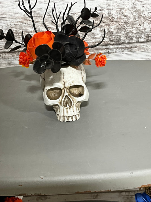 Day of the Dead Skull Planter Halloween Decor | Orange Black Flowers