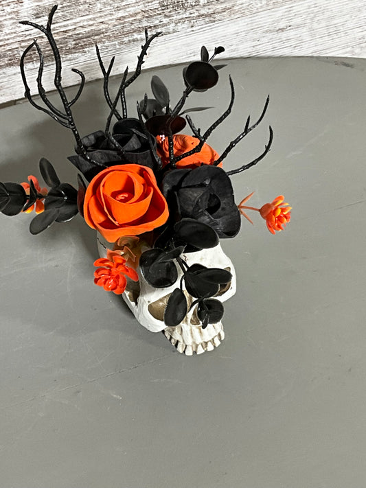 Day of the Dead Skull Planter Halloween Decor | Orange Black Flowers