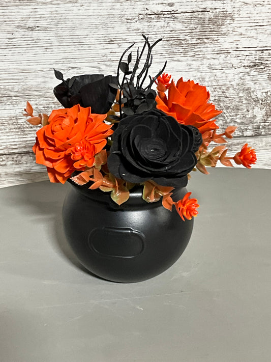 Halloween Black Cauldron Floral Arrangement | Orange & Black Wood Flowers