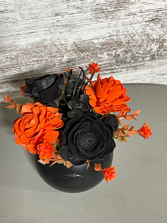 Halloween Black Cauldron Floral Arrangement | Orange & Black Wood Flowers