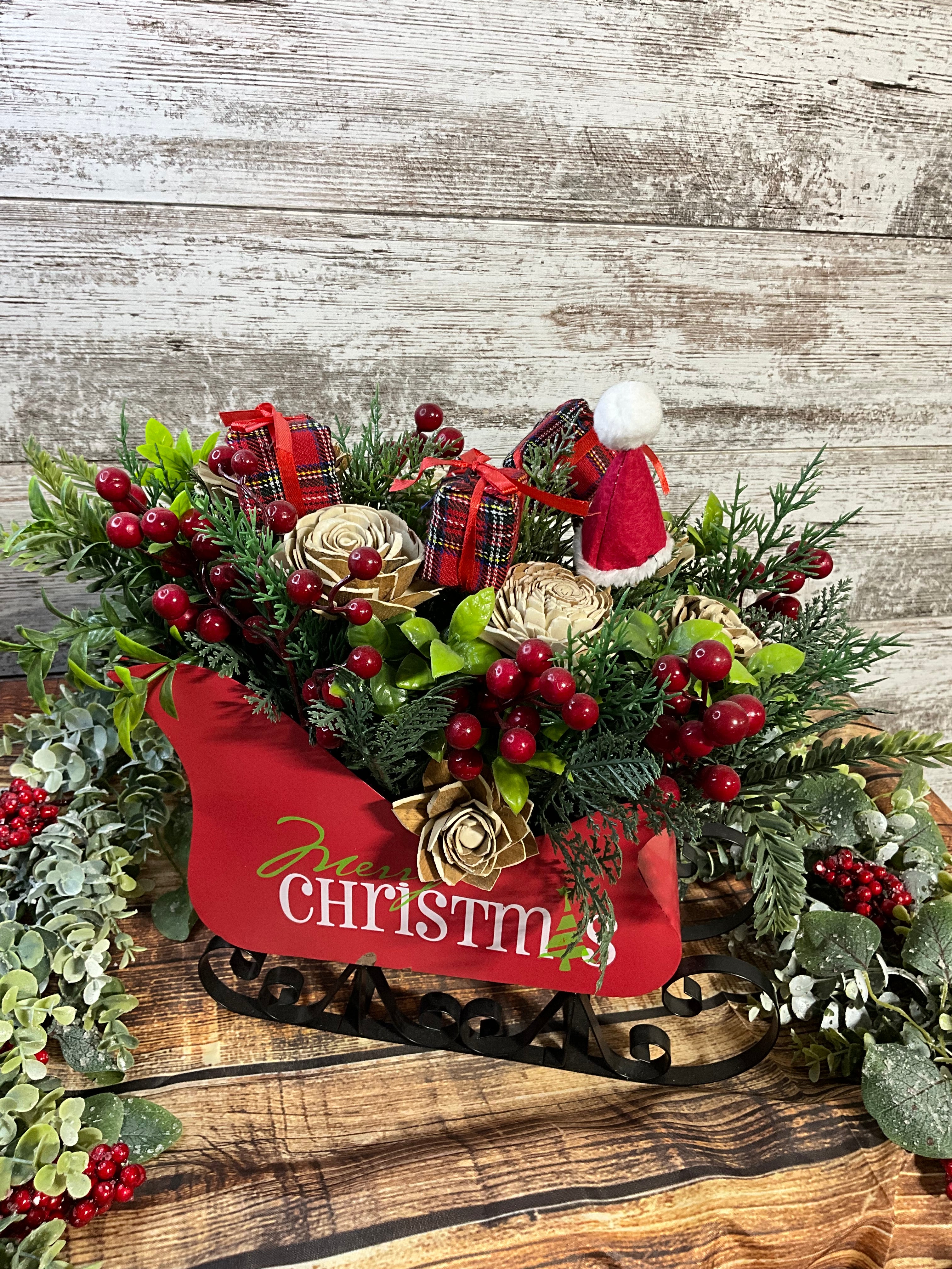 Merry Christmas Sleigh - Rustic Holiday Centerpiece