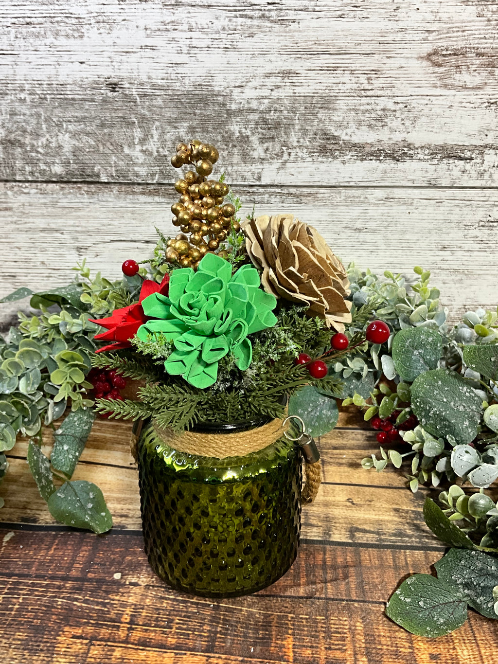 Green Glass Holiday Centerpiece with Gold Accents