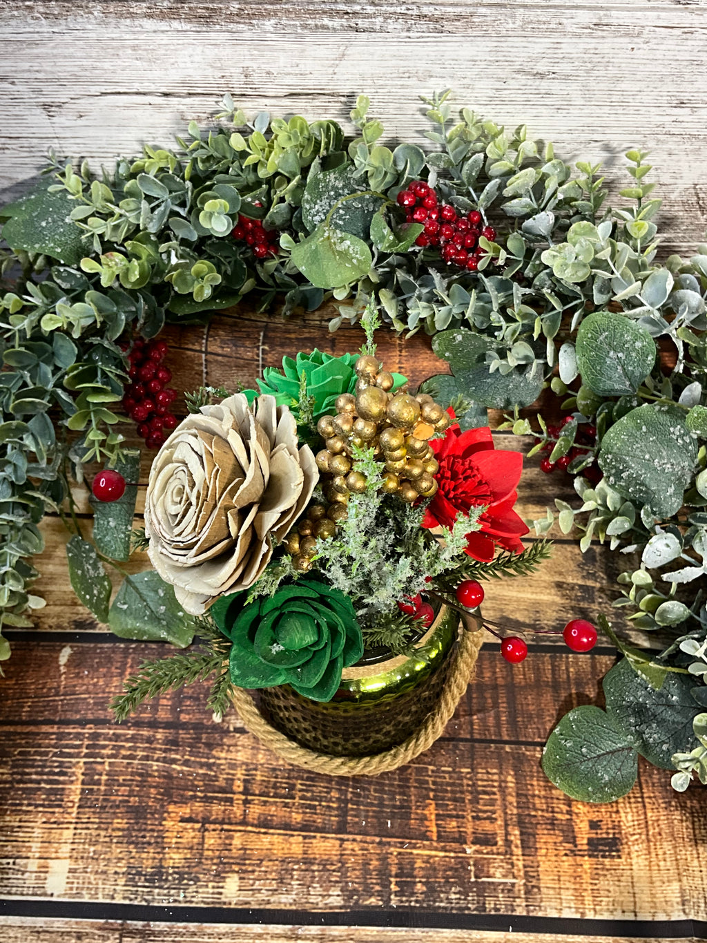 Green Glass Holiday Centerpiece with Gold Accents