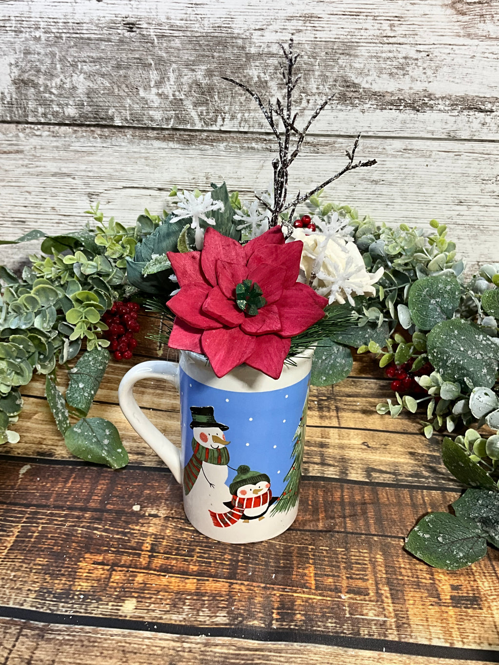 Snowman Mug Holiday Arrangement with Red Poinsettia
