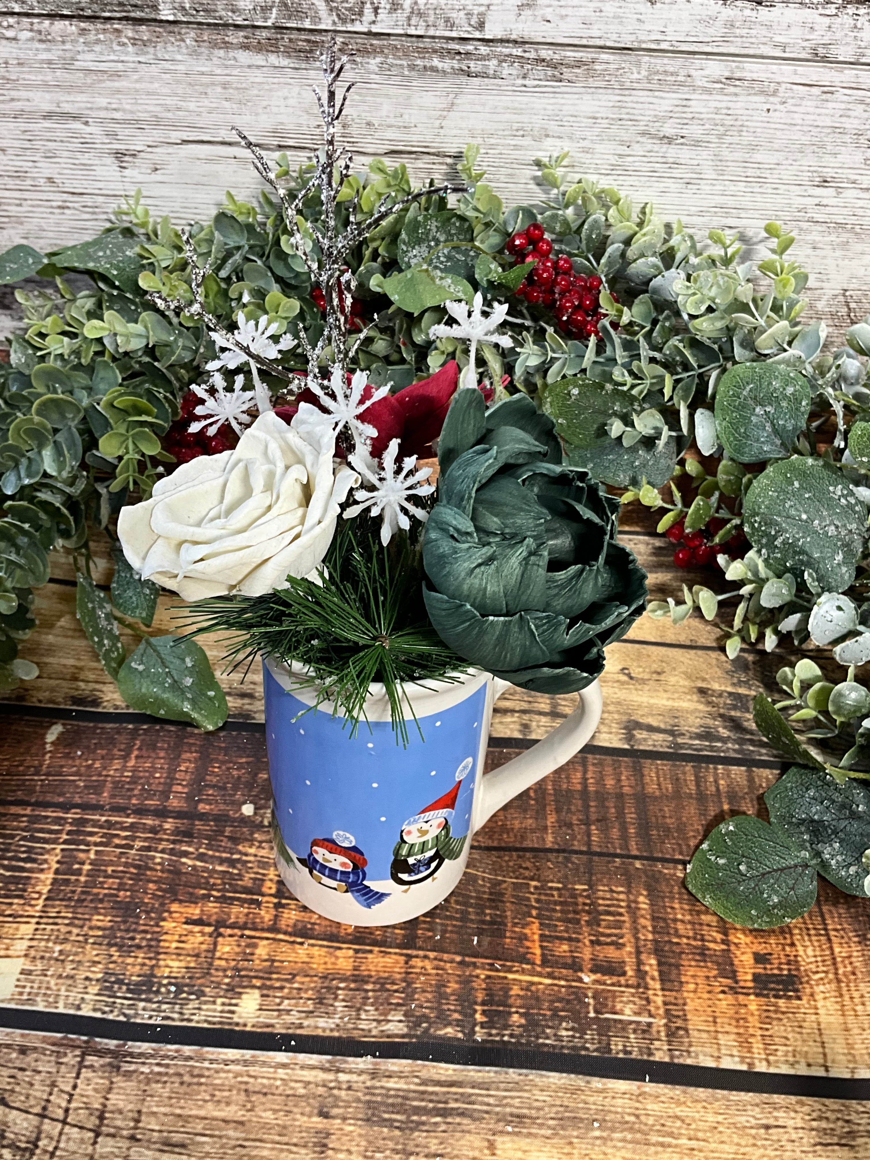 Snowman Mug Holiday Arrangement with Red Poinsettia