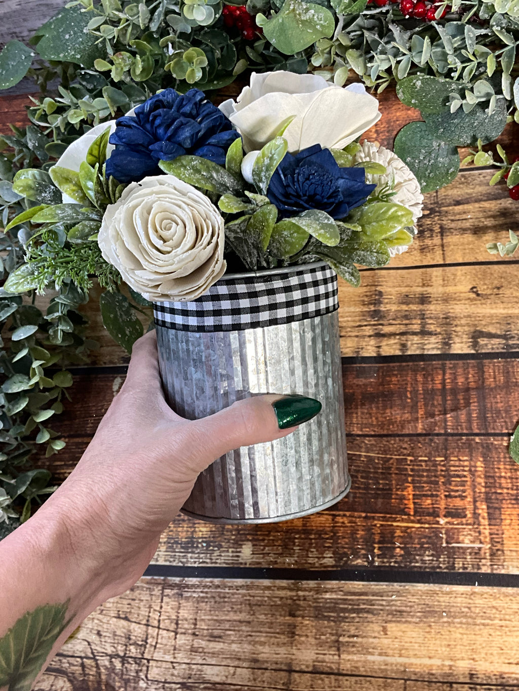 Navy & White Farmhouse Centerpiece in Galvanized Tin