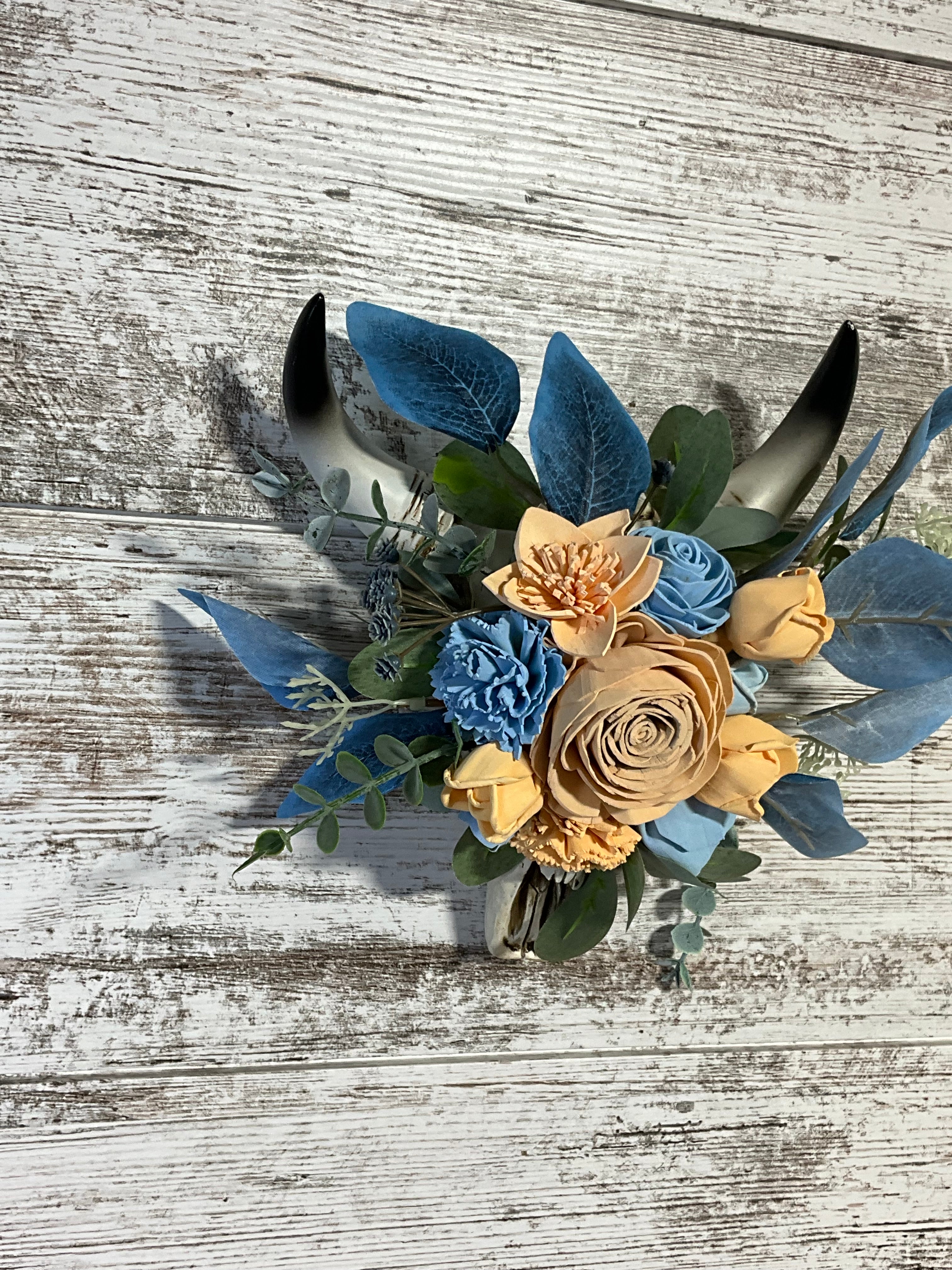 Rustic Blue & Peach Bull Skull Arrangement