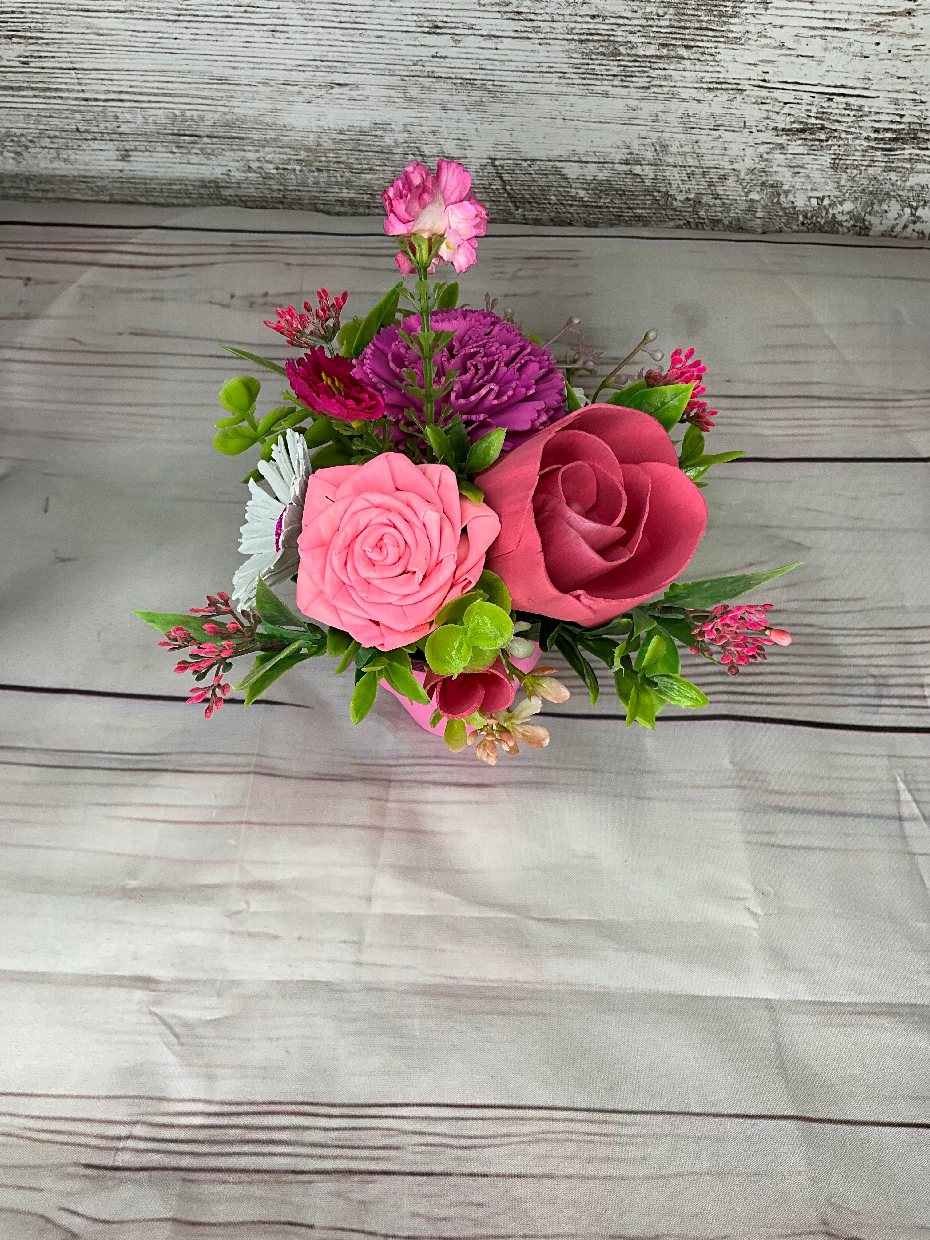 Pretty in Pink - Mixed Pink Sola Wood Flower Arrangement Description: This charming han
