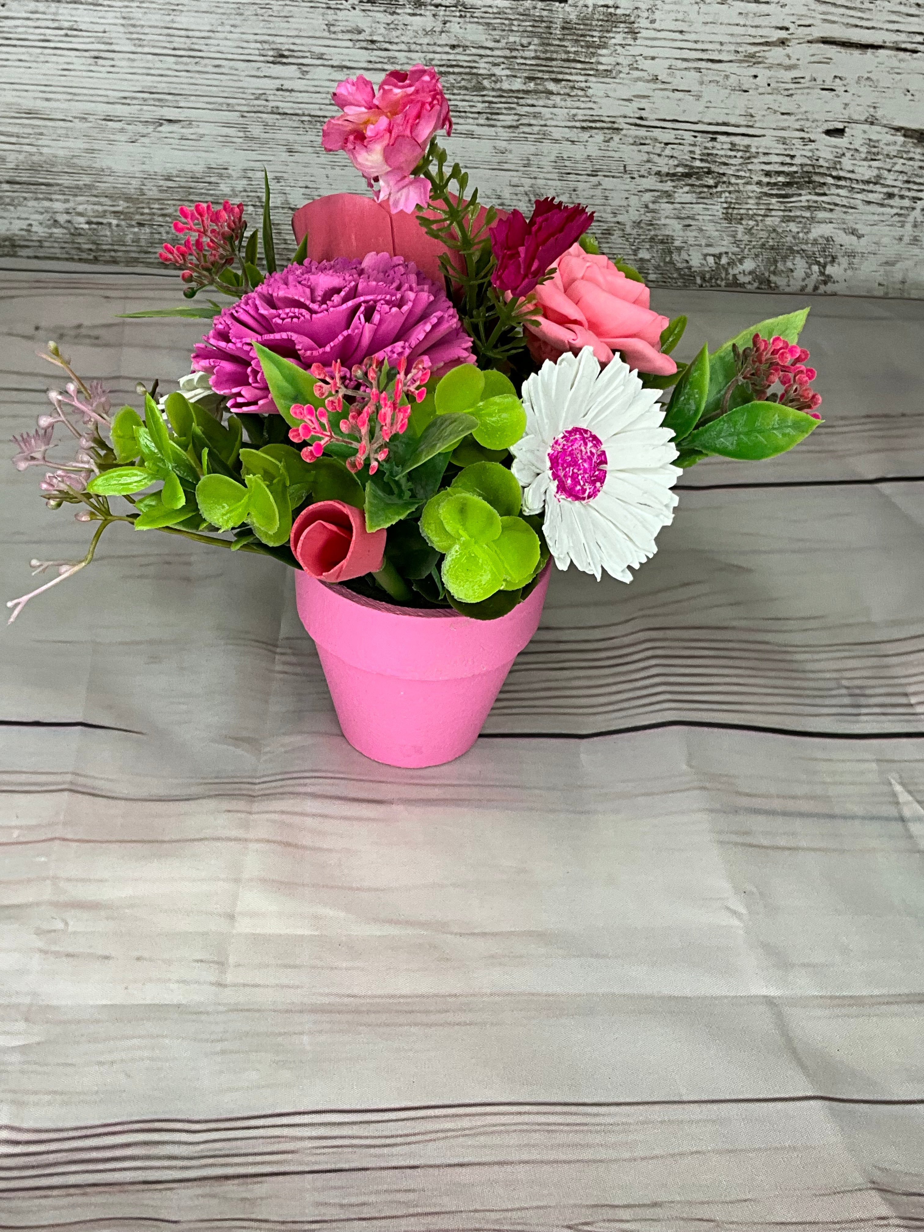 Pretty in Pink - Mixed Pink Sola Wood Flower Arrangement Description: This charming han
