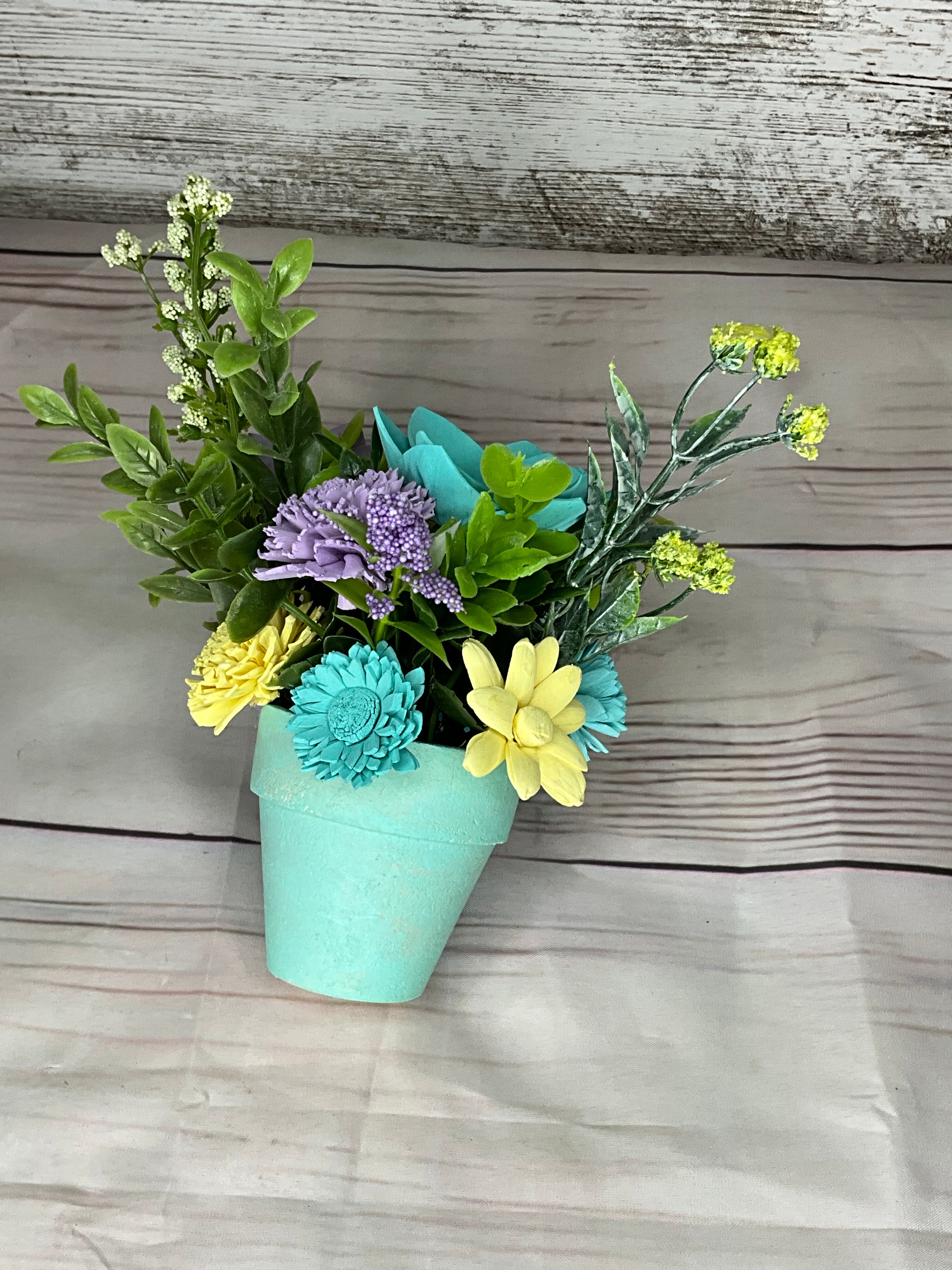 Spring Garden - Turquoise, Lavender & Yellow Sola Wood Flower Arrangement