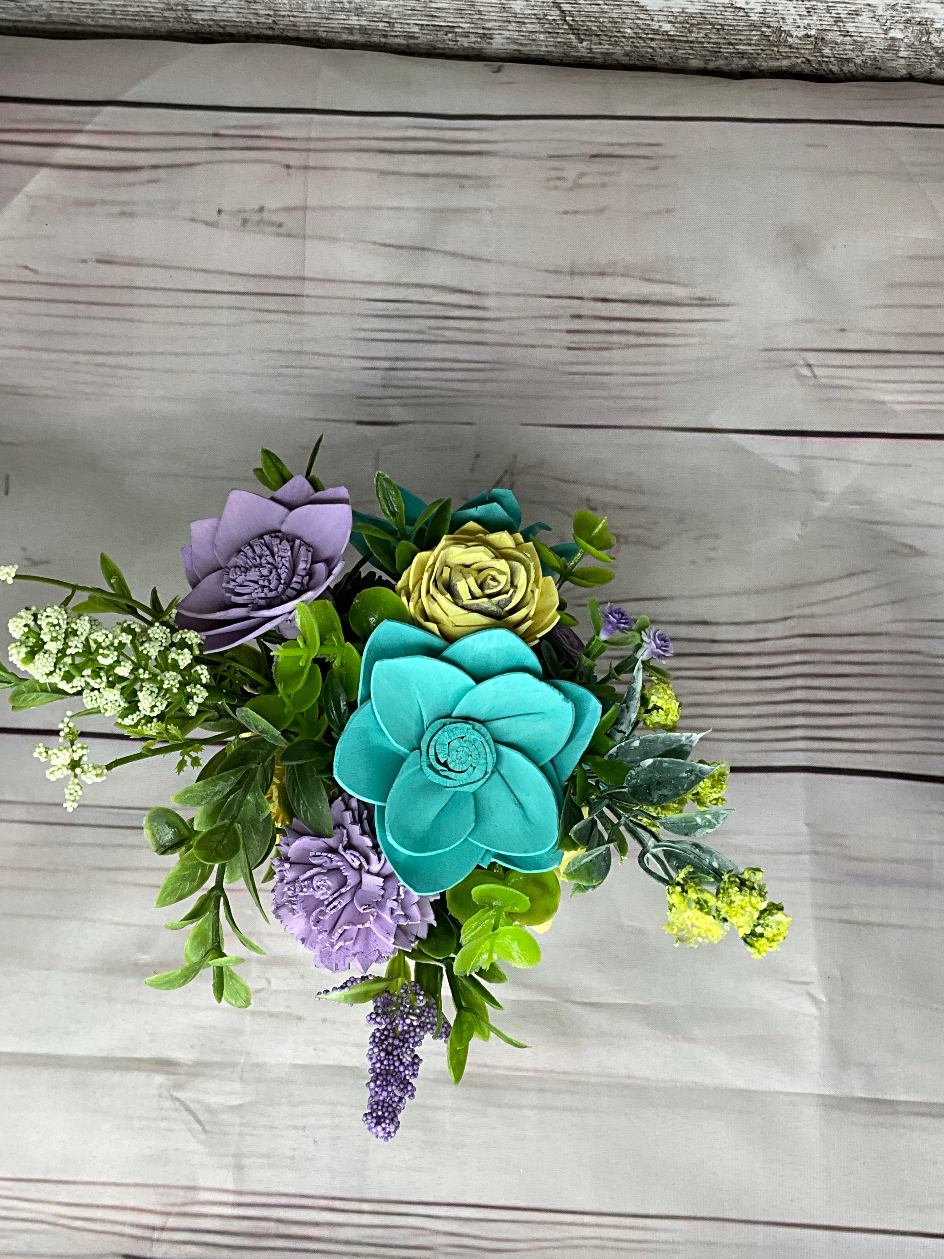 Spring Garden - Turquoise, Lavender & Yellow Sola Wood Flower Arrangement