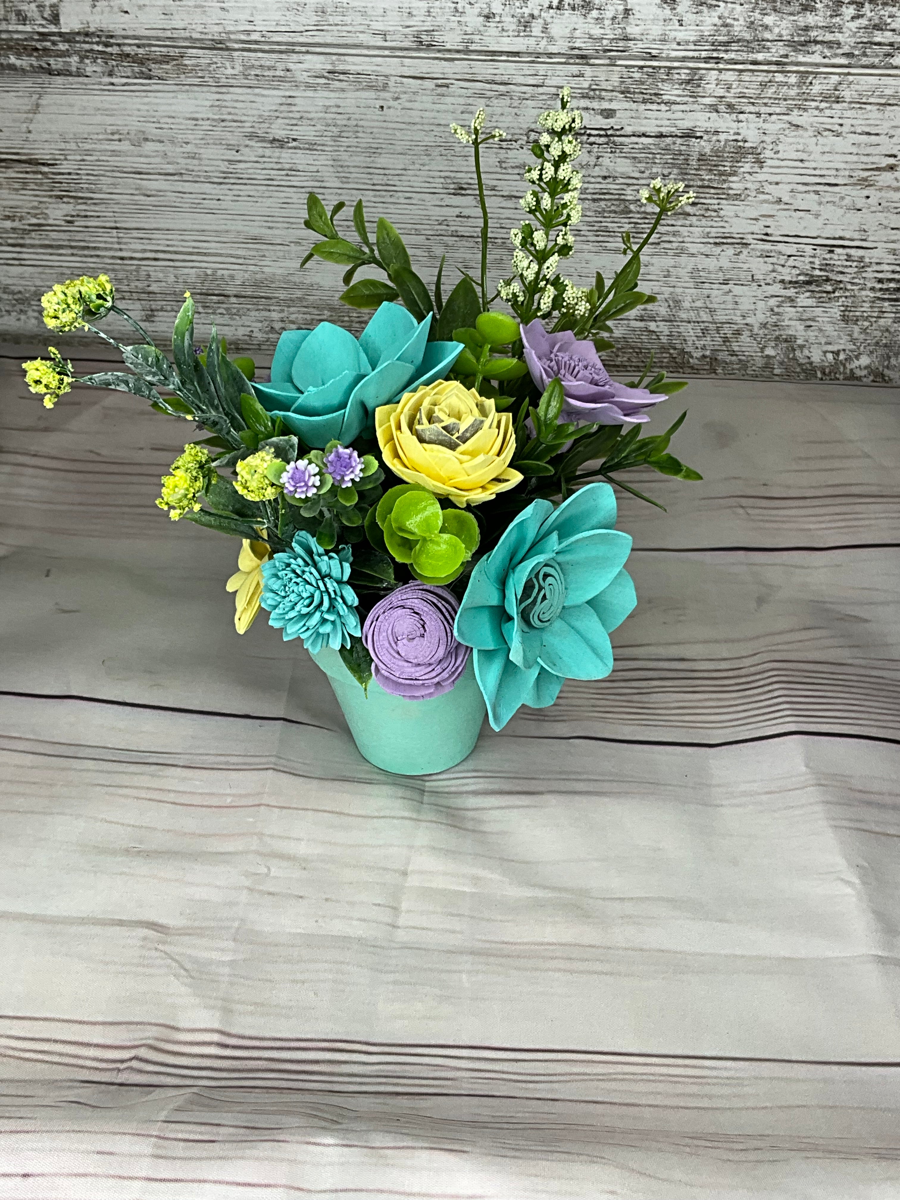 Spring Garden - Turquoise, Lavender & Yellow Sola Wood Flower Arrangement
