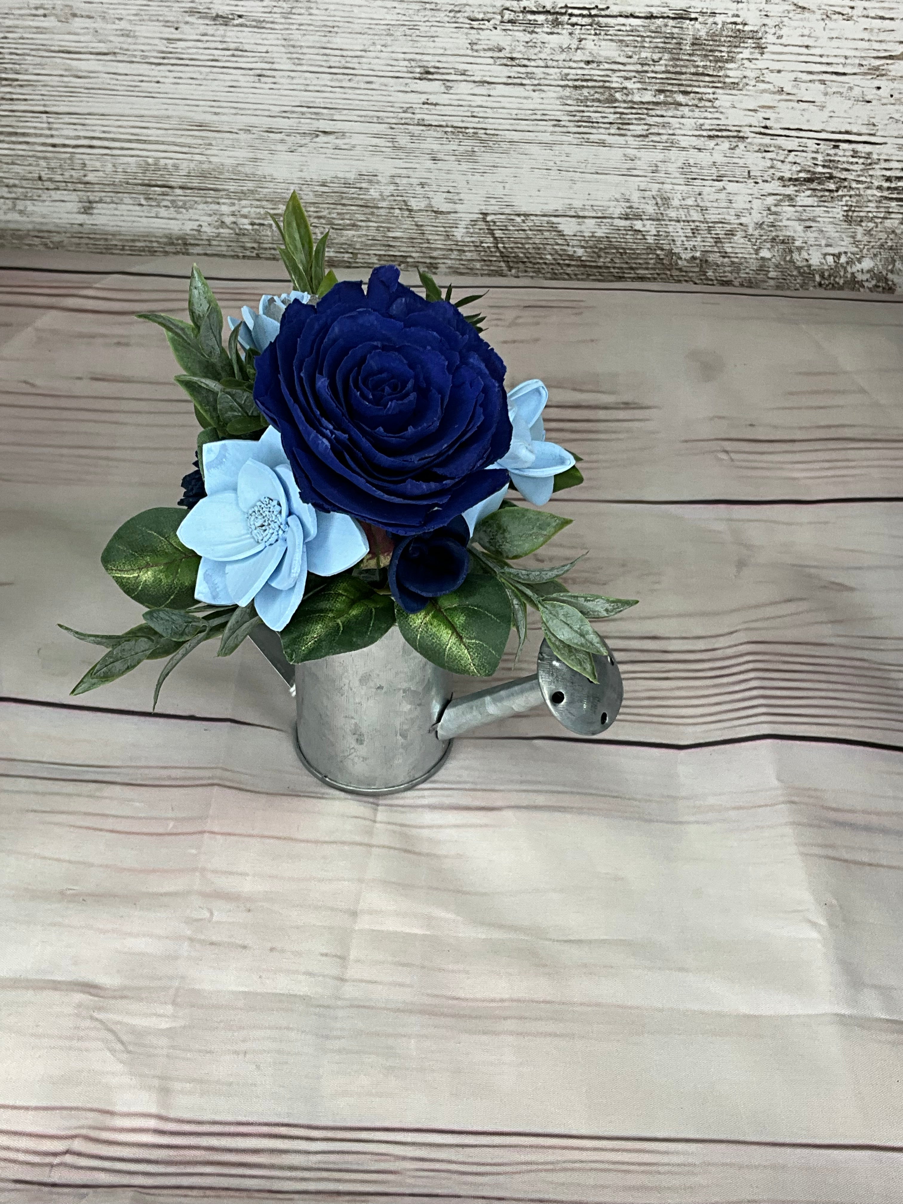Garden Watering Can - Navy & Sky Blue Sola Wood Flower Arrangement