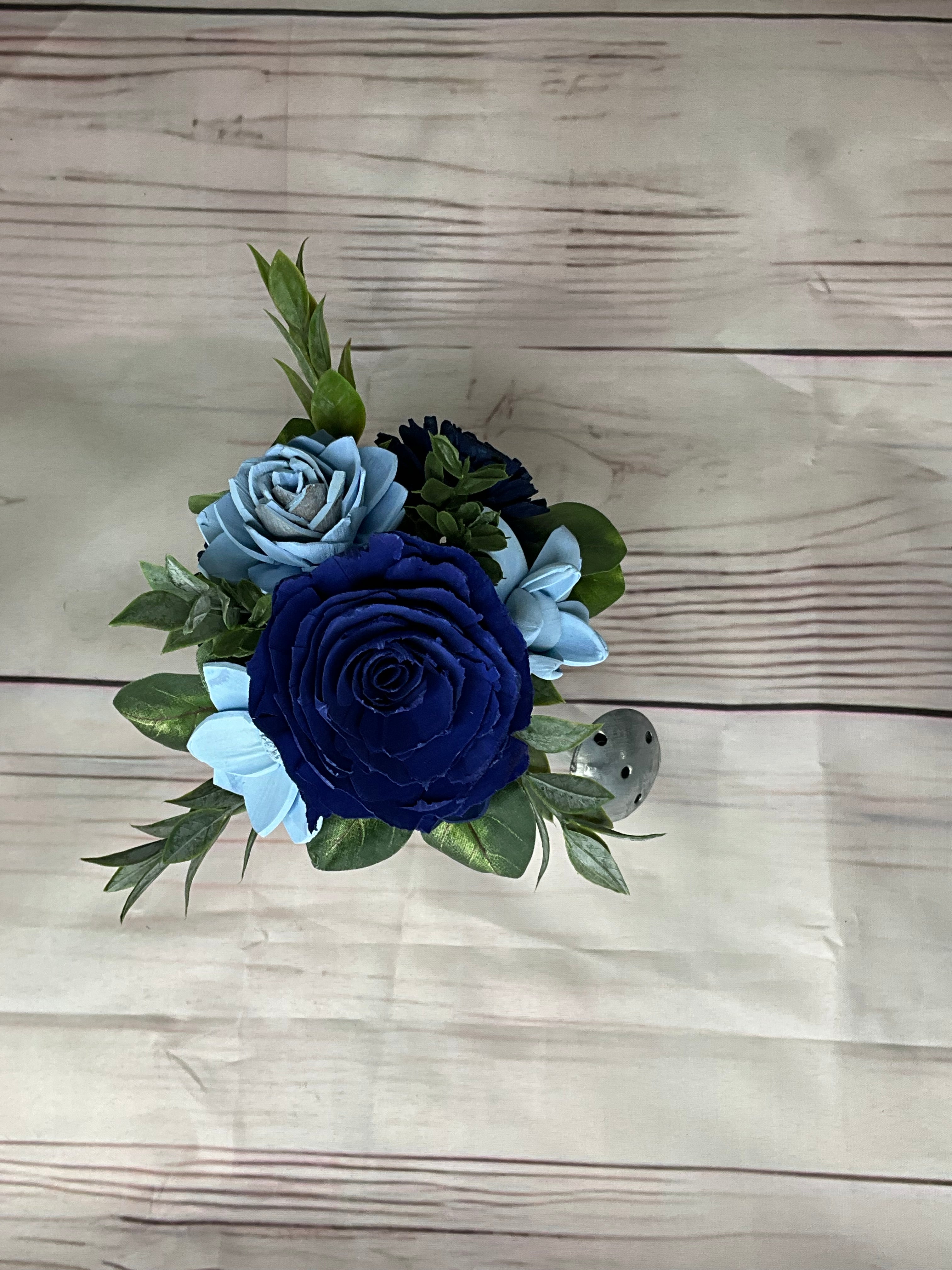 Garden Watering Can - Navy & Sky Blue Sola Wood Flower Arrangement