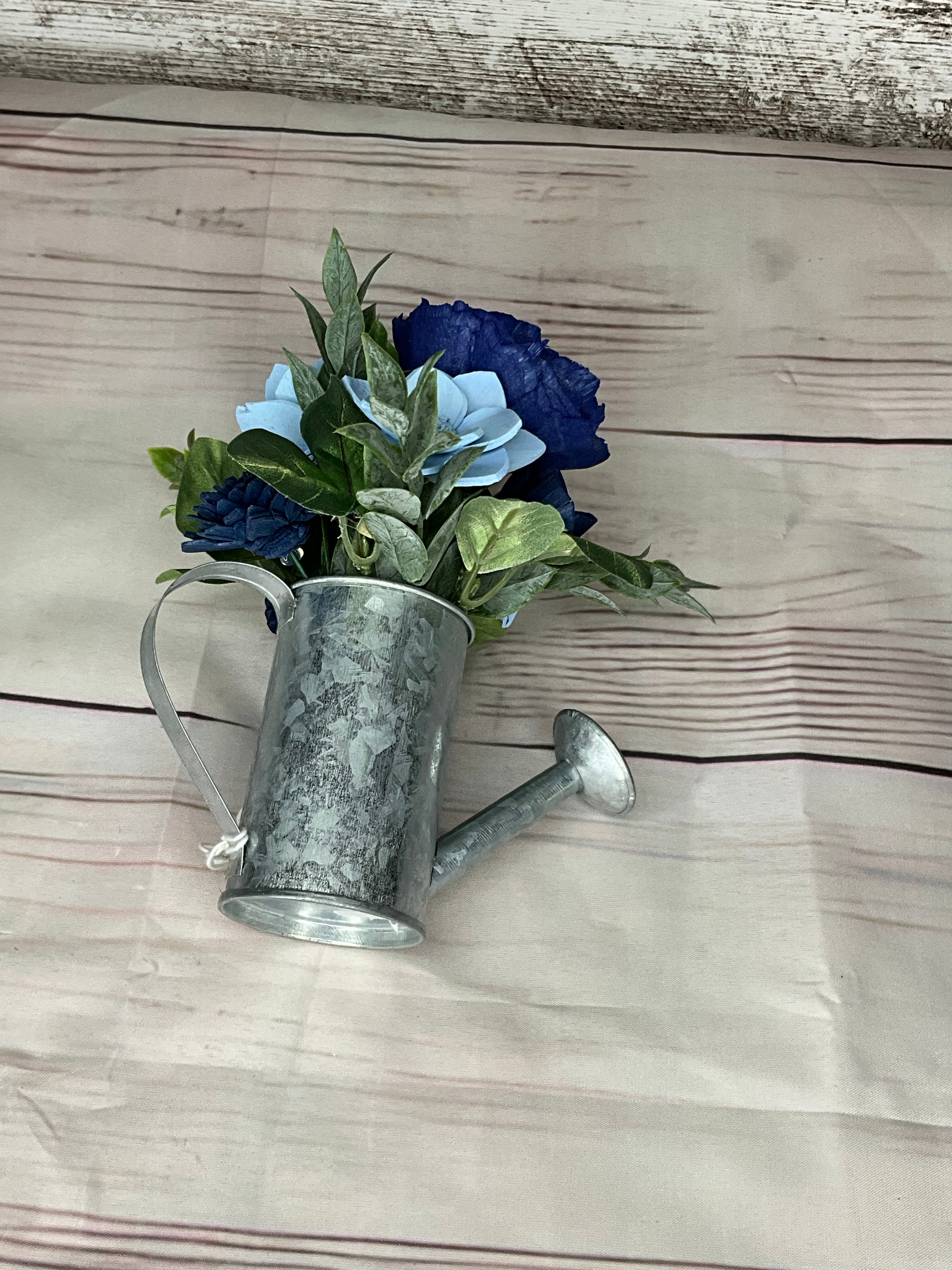 Garden Watering Can - Navy & Sky Blue Sola Wood Flower Arrangement