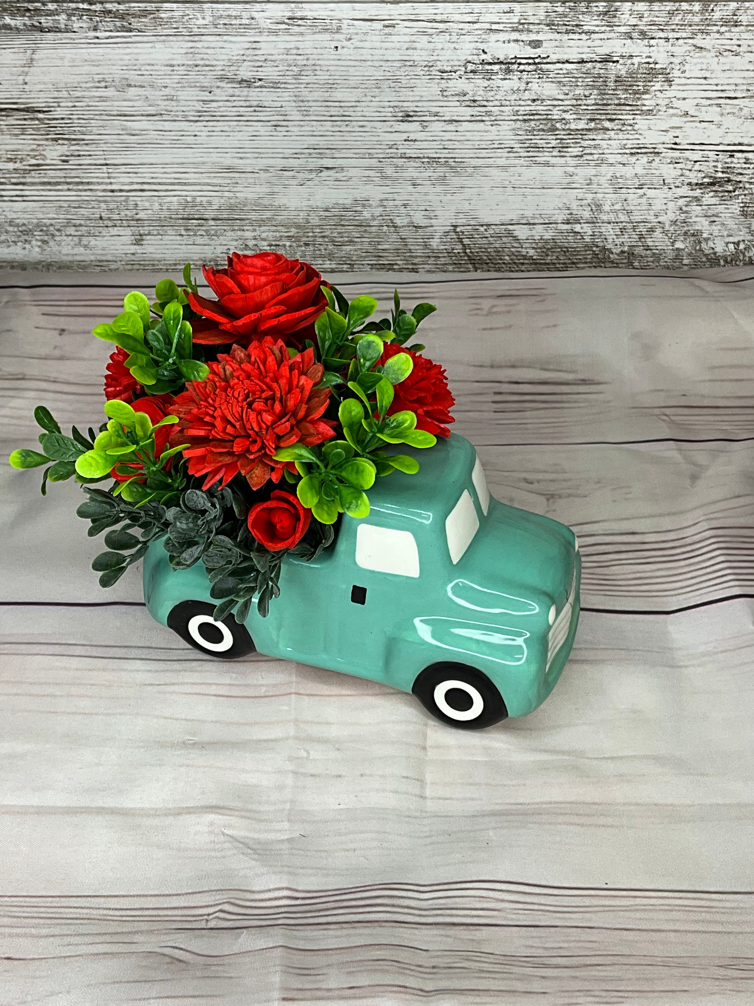 Vintage Turquoise Truck - Red Rose Arrangement
