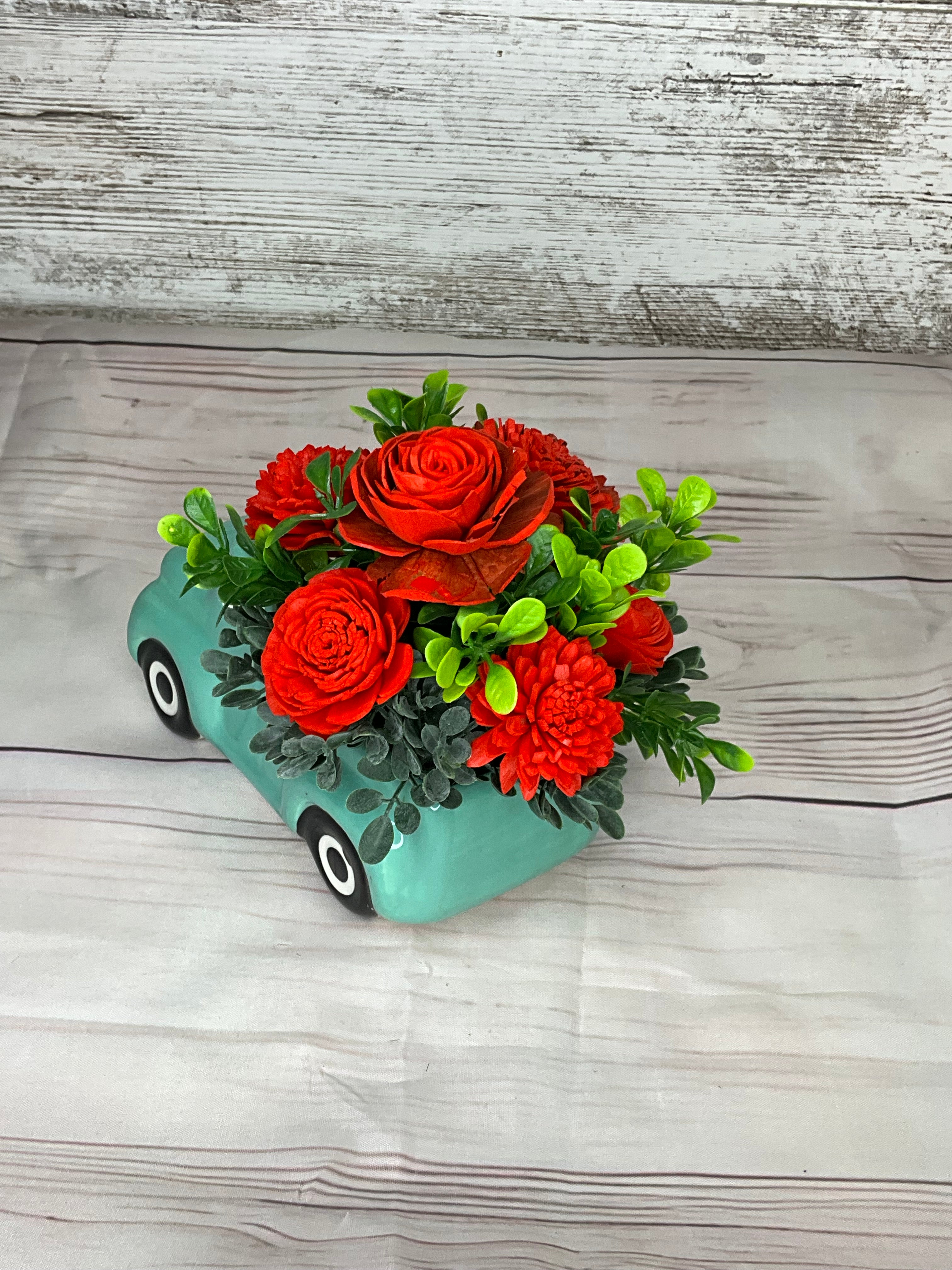 Vintage Turquoise Truck - Red Rose Arrangement