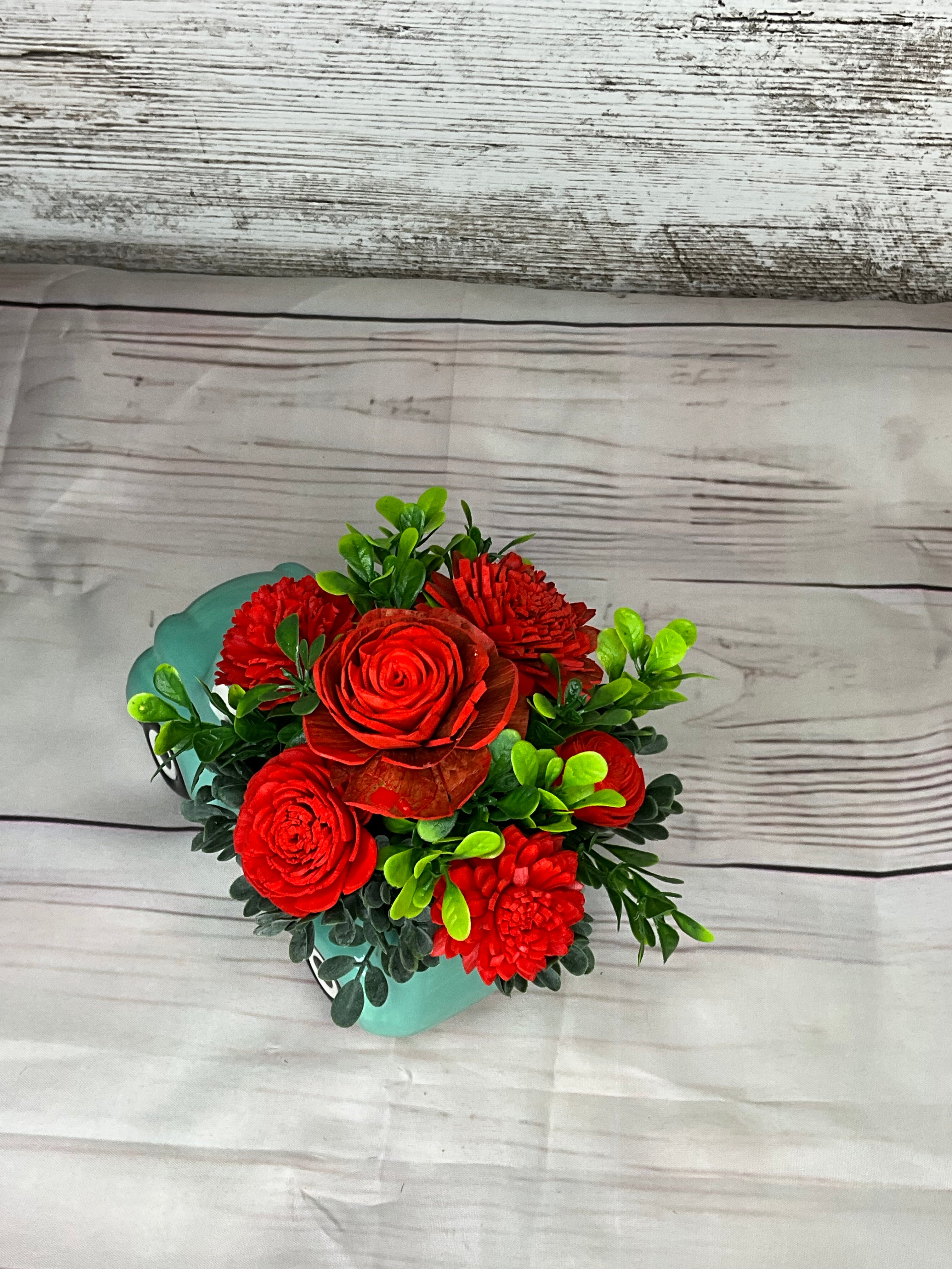 Vintage Turquoise Truck - Red Rose Arrangement