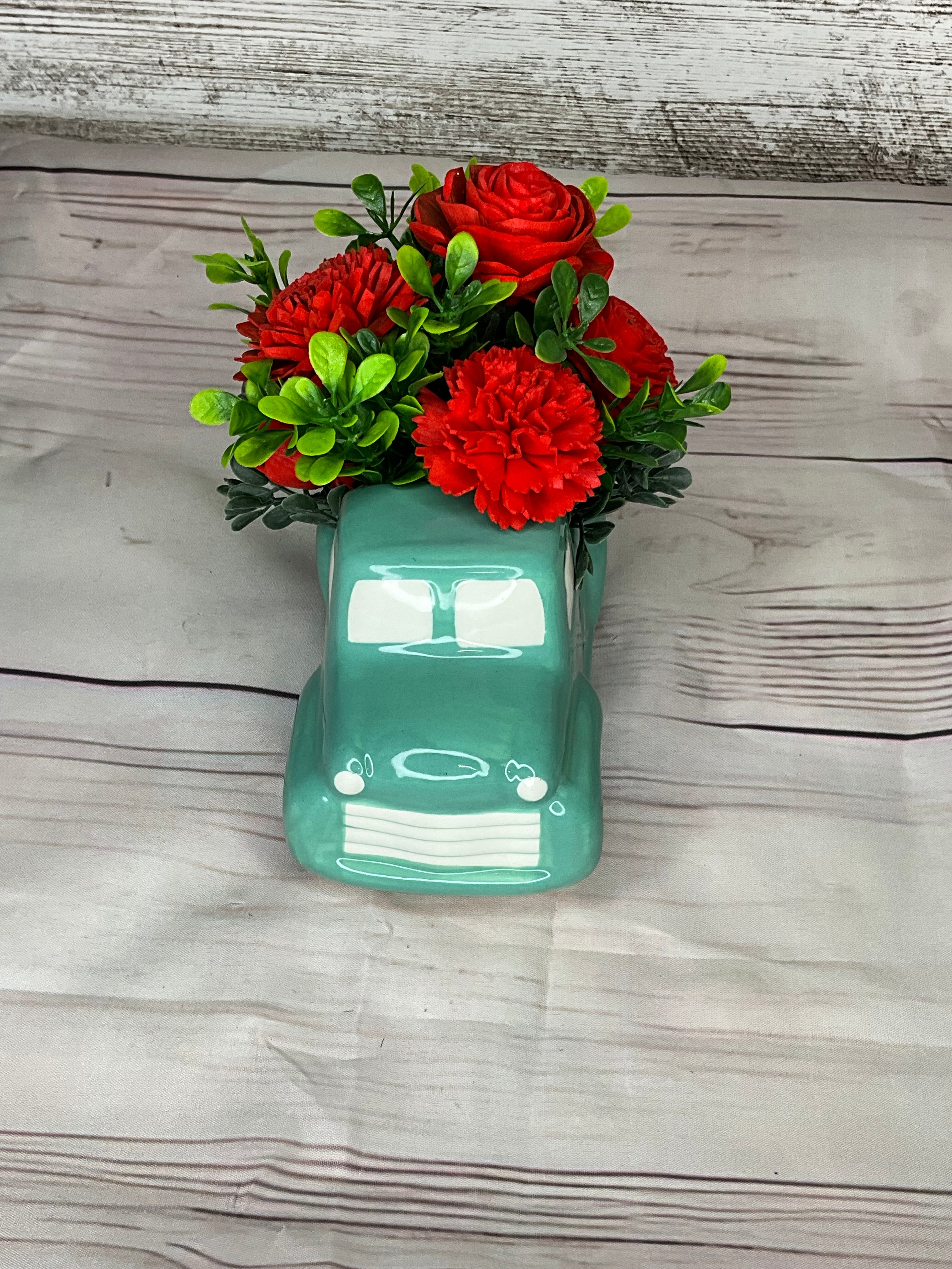 Vintage Turquoise Truck - Red Rose Arrangement
