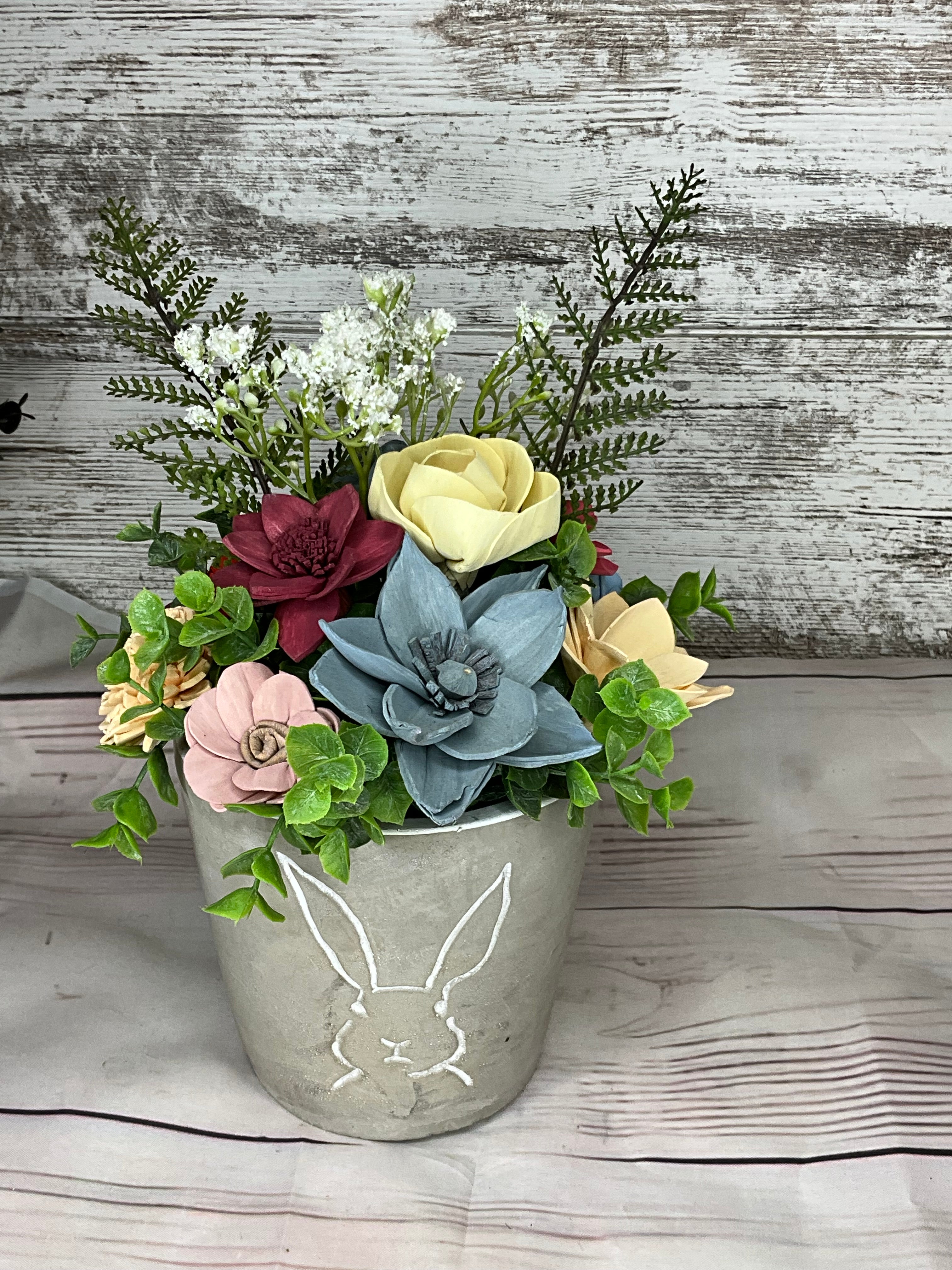 Spring Garden Arrangement in Bunny Pot - Dusty Blue & Pastels