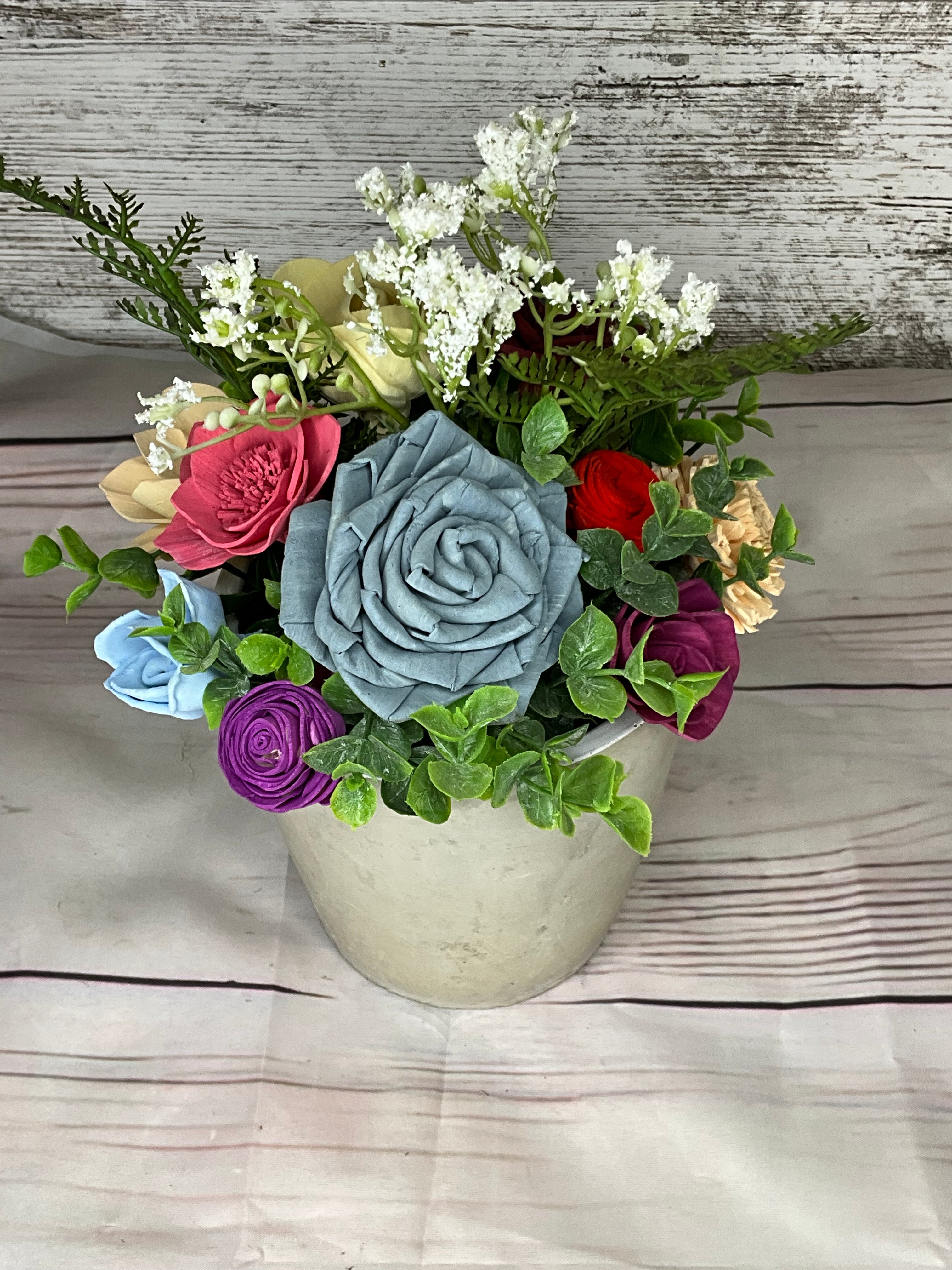 Spring Garden Arrangement in Bunny Pot - Dusty Blue & Pastels
