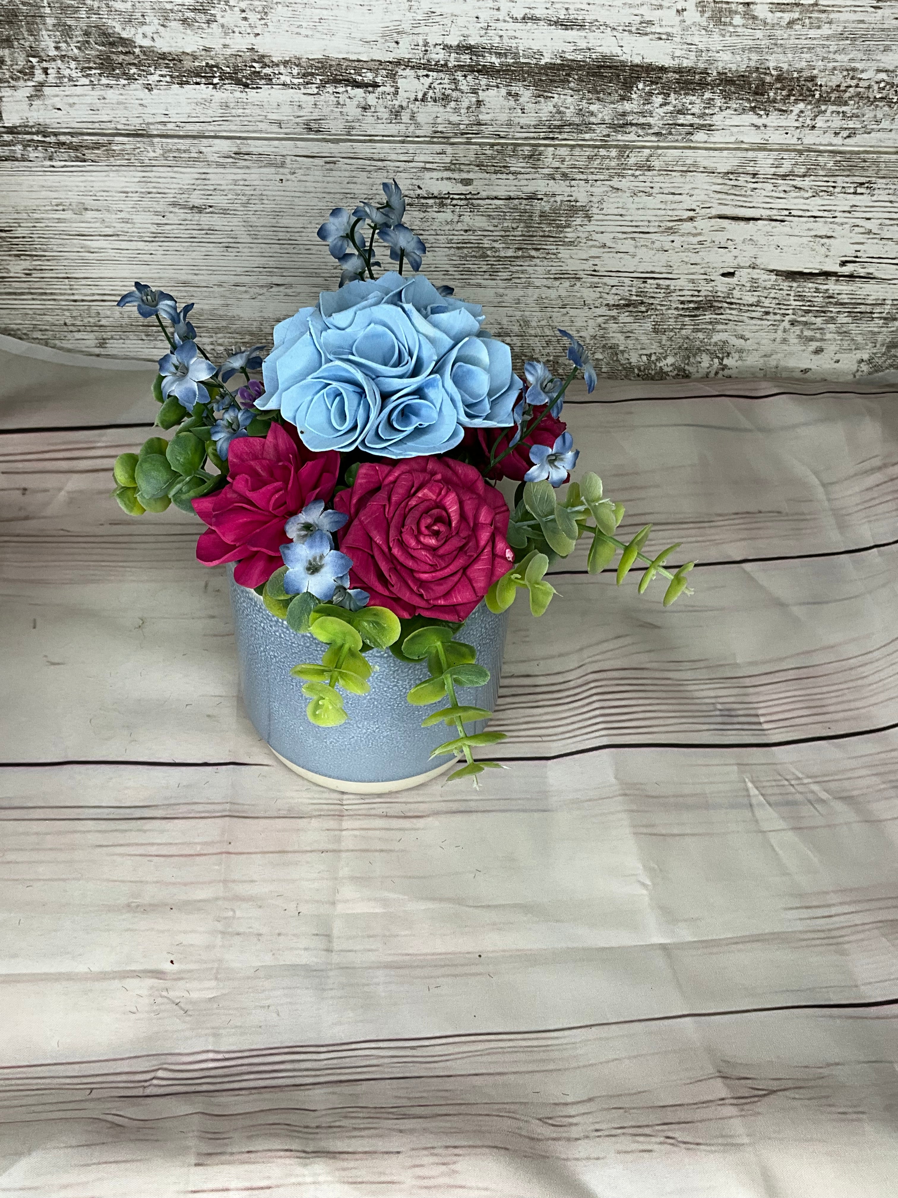 Blue & Fuchsia Arrangement in Textured Blue Pot