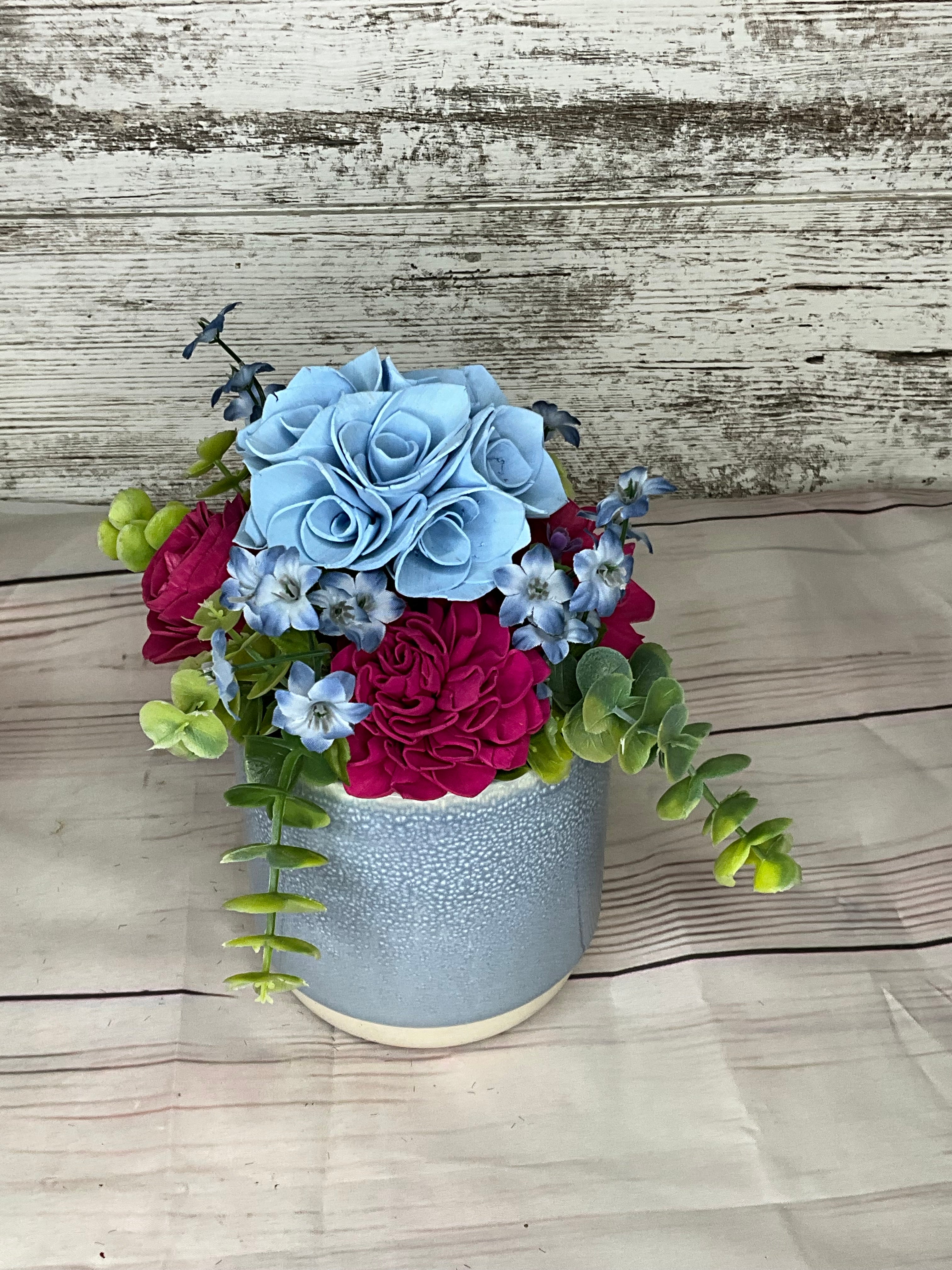 Blue & Fuchsia Arrangement in Textured Blue Pot