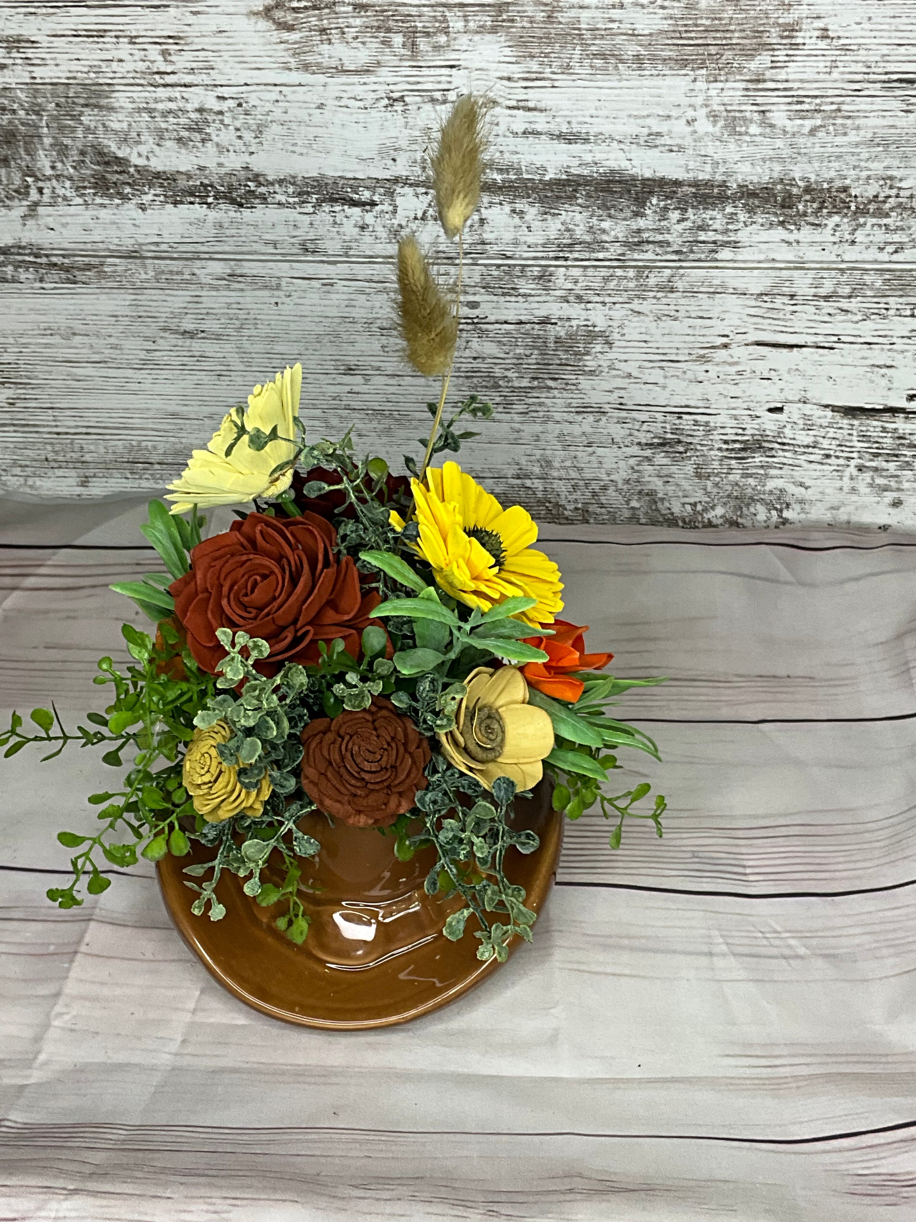 Autumn Harvest Cowboy Hat Vase with Sunflowers