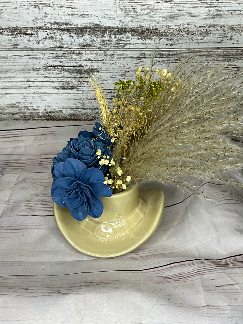 Boho Cowboy Hat Vase with Navy Sola Flowers