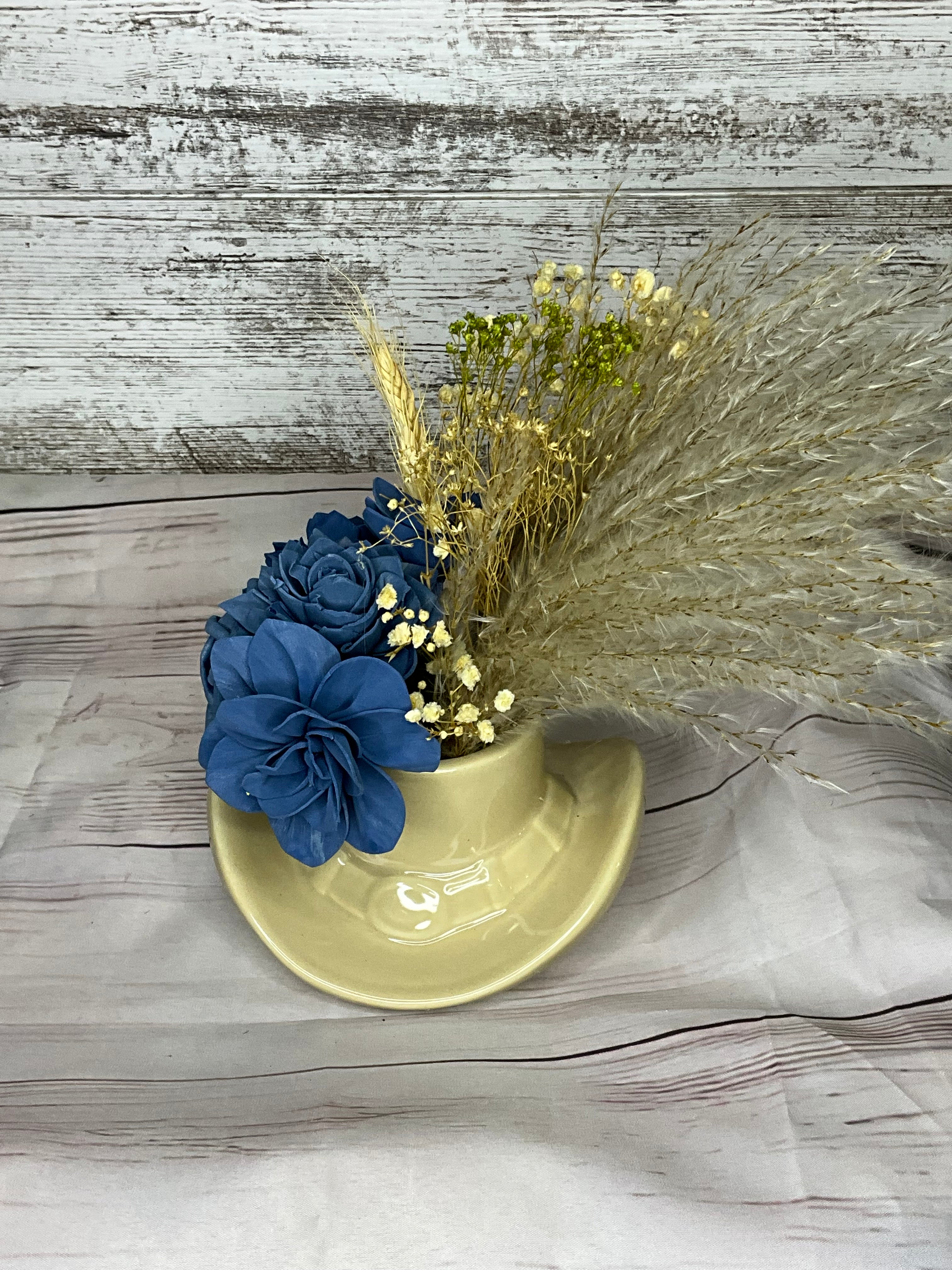 Boho Cowboy Hat Vase with Navy Sola Flowers