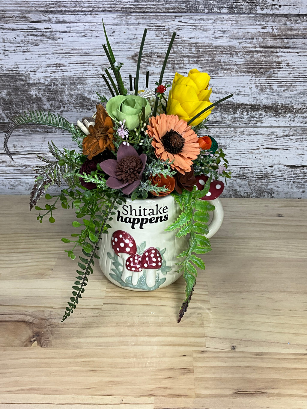 "Shitake Happens" Mushroom Mug Sola Wood Flower Arrangement