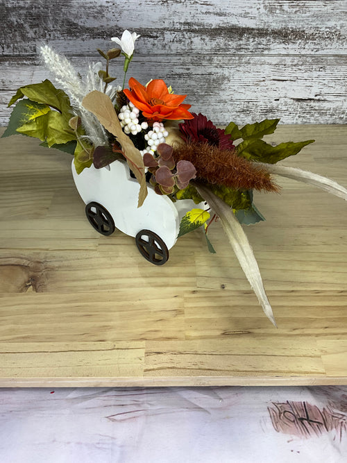 "Hello Fall" Sola Wood Flower Arrangement in White Pumpkin Wagon