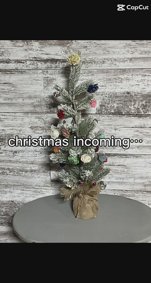 Handcrafted Mini Christmas Tree with Wooden Floral Ornaments & Burlap Base